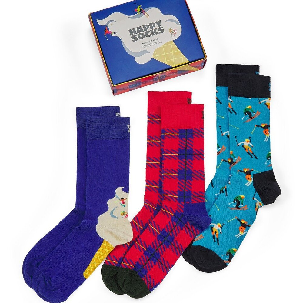 NWT Happy Socks 3 Pairs Gift Box Set Skiing Plaid Crew Women Shoe Sz 5.5-9.5 $48